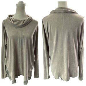 MARC CAIN Women Turtleneck Faux Suede Top Sz M Gray Long Sleeve Lace Hem 26-16